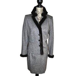 Algo Couture Women's Gray Tweed Skirt Suit With Mink Fur Trim Collar Cuffs Sz 8